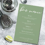 Sage Green Wedding Bar Menu with White Typography<br><div class="desc">This simple solid sage green wedding bar menu features elegant white script for an outdoor ceremony in a nature setting. Minimalist typography on peaceful light green sheet for a rustic venue outside near a forest of trees.</div>