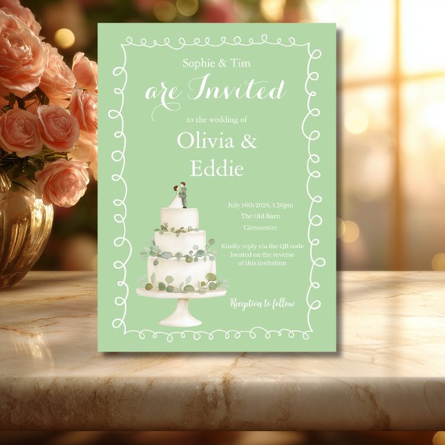 Sage Green Wedding Cake QR Code Wedding Invitation (Creator Uploaded)