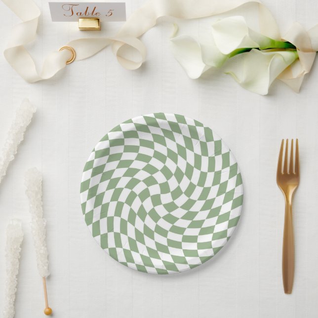 Sage Green Wedding Collection Check Chequered  Paper Plate (Wedding)