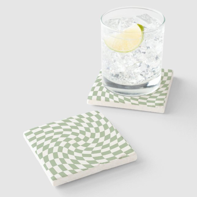 Sage Green Wedding Collection Check Chequered    Stone Coaster (Side)