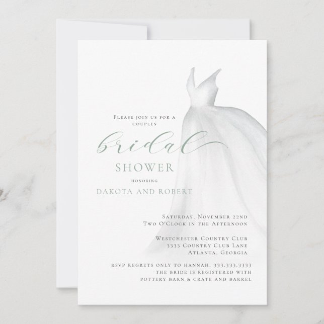 Sage Green Wedding Dress Couples Bridal Shower Invitation (Front)