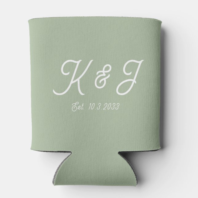 Sage Green Wedding Favour Monogrammed Can Cooler (Back)