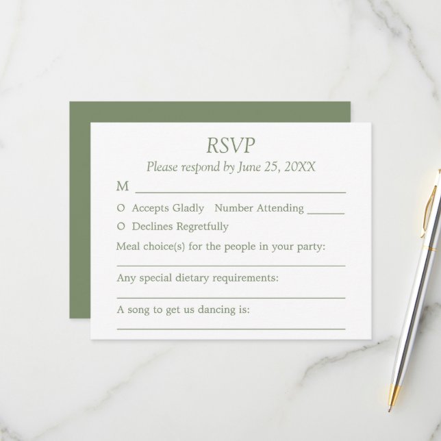 Sage Green Wedding Guest Choices RSVP Card (Front/Back In Situ)