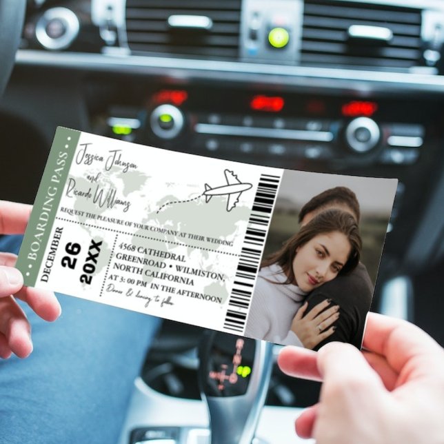 Sage green Wedding invitation Boarding pass ticket (Creator Uploaded)