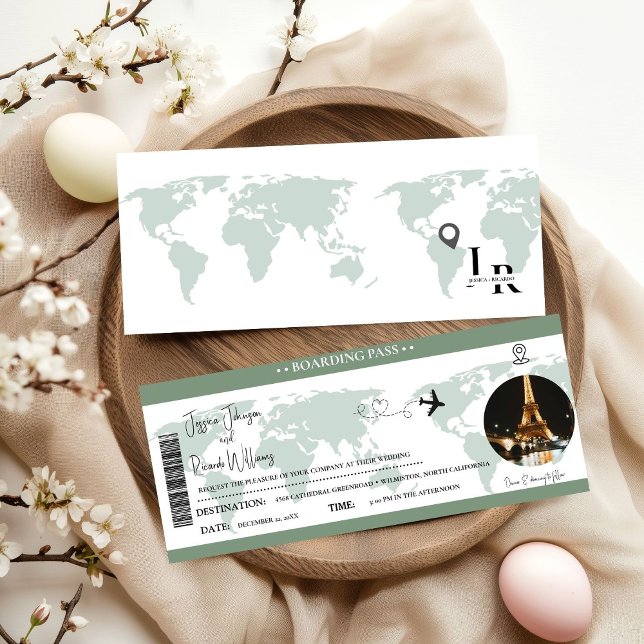 Sage Green Wedding invitation Boarding pass ticket (Creator Uploaded)