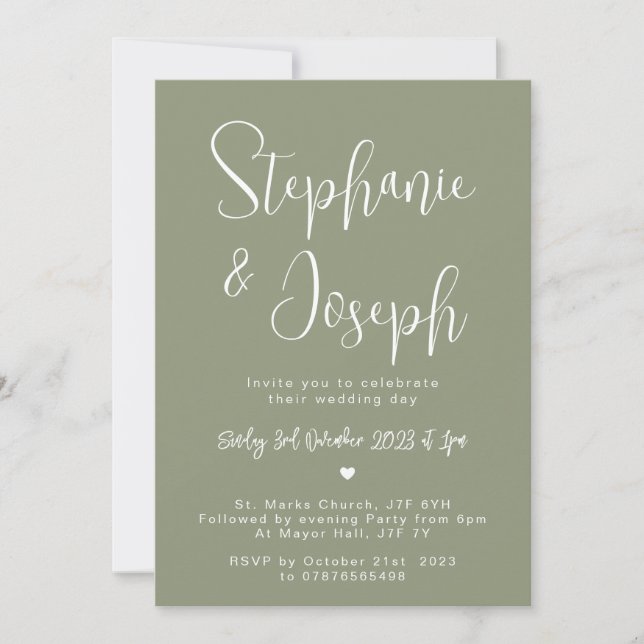 Sage green wedding invitation, elegant script font invitation (Front)