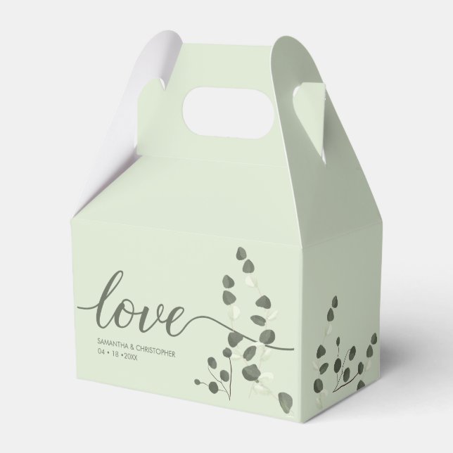 Sage green Wedding Love Script Eucalyptus Custom Favor Box (Front Side)