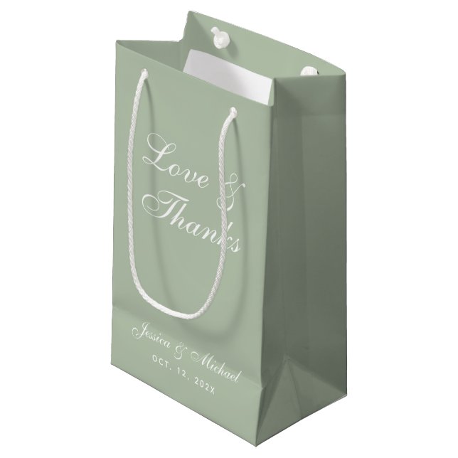 Sage Green Wedding Love & Thanks Script Simple  Small Gift Bag (Front Angled)