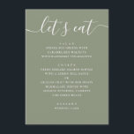 Sage Green Wedding | Minimalist Script Modern Menu<br><div class="desc">This wedding menu card features a clean, modern layout paired with a soft sage green background, creating a refined and inviting look for your reception tables. The combination of delicate script and structured typography adds a subtle contrast, making each section easy to read while still feeling elegant and cohesive. Perfect...</div>