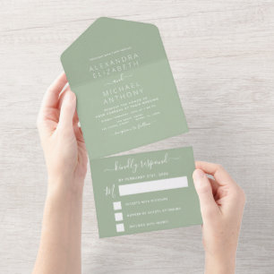 Sage Green Wedding Modern Typography All In One Invitation