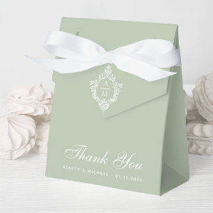 Sage Green Wedding Monogram Crest Thank You Script Favor Box