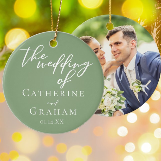 Sage Green Wedding Personalized Photo Christmas Ceramic Ornament (Creator Uploaded)