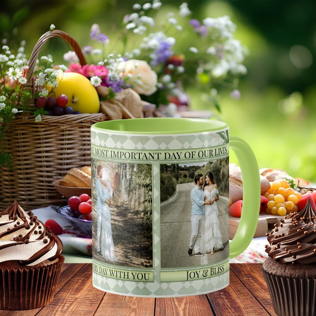 Sage Green Wedding Photo Mug (Elegant wedding photo mug showing your photos framed by a sage green patterned design with leaves)