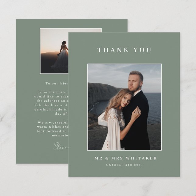 Sage Green Wedding Photo Thank You Card  (Front/Back)