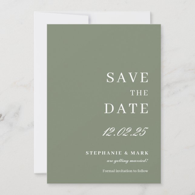 Sage green wedding save the date card (Front)