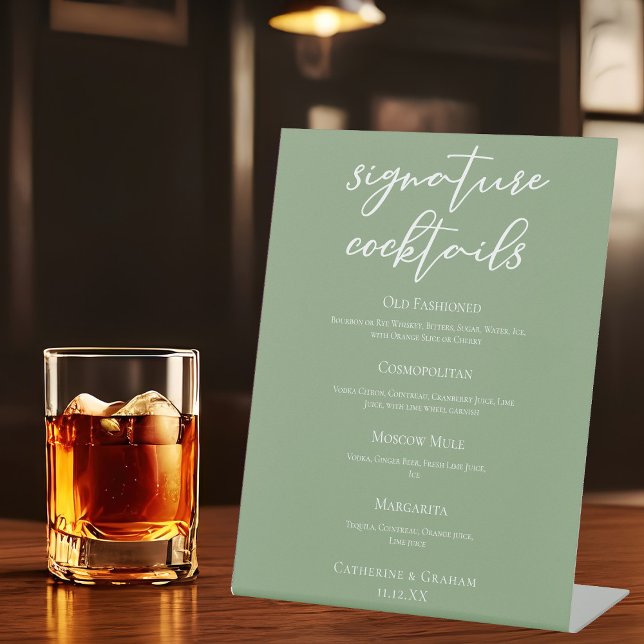 Sage Green Wedding Signature Cocktails Menu Pedestal Sign (Creator Uploaded)