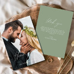 Sage Green Wedding Thank You Photo Minimalist<br><div class="desc">Wedding Thank You Cards that have a photo on the front and back. The Thank you cards contain a modern white and Black hand lettered cursive script typography that are elegant,  simple and modern to use after you minimalist simple wedding day celebration.</div>