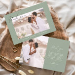 Sage Green Wedding Thank You Photo Minimalist<br><div class="desc">Wedding Thank You Cards that have a photo on the front and back. The Thank you cards contain a modern hand lettered cursive script typography that are elegant,  simple and modern to use after you minimalist simple wedding day celebration.</div>