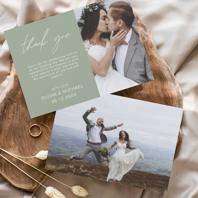 Sage Green Wedding Thank You Photo Wedding Card (Creator Uploaded)