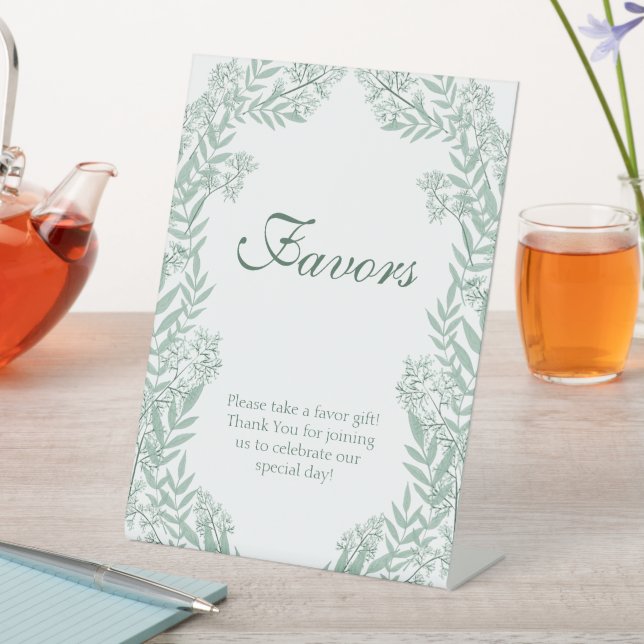Sage Green Wedding Vintage Botanical Favours Pedestal Sign (In SItu)