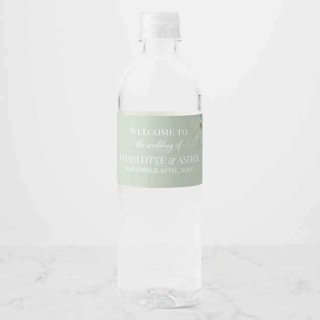 Sage Green Wedding Water Bottle Label (Front)