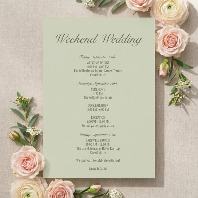 Sage Green Wedding Weekend Itinerary Card (Creator Uploaded)