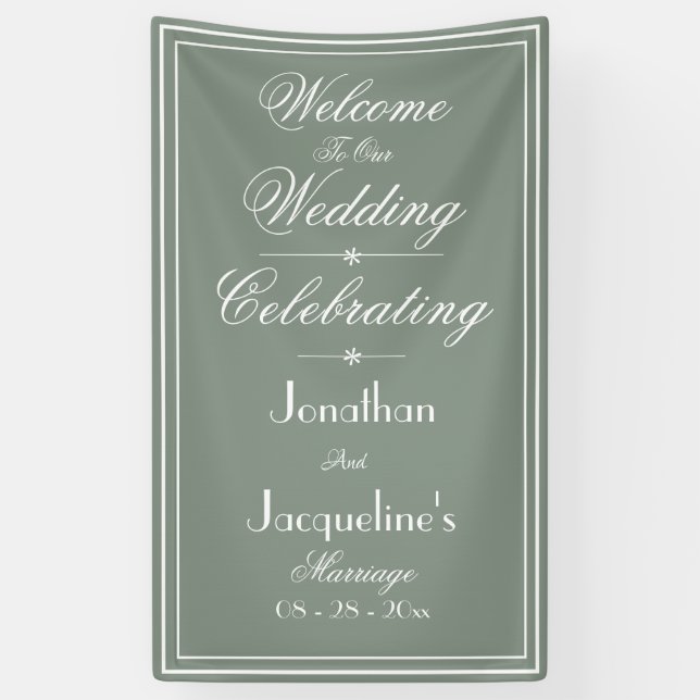 Sage Green Wedding White Script Welcome Backdrop Banner (Vertical)