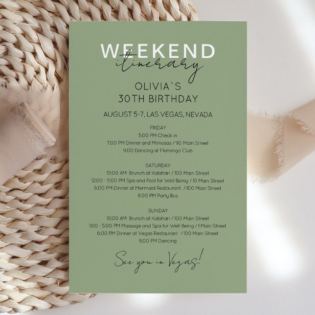 Sage Green Weekend Birthday Itinerary Invitation (Aesthetic Sage Green Birthday Itinerary Invitation Design)
