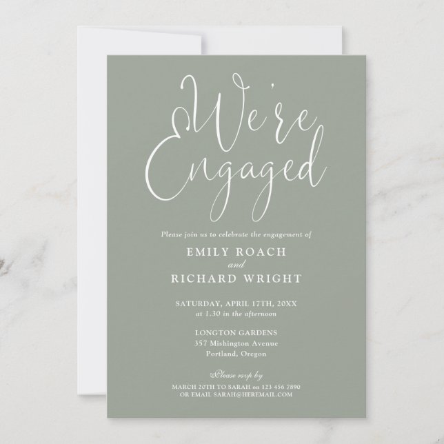 Sage Green We're Engaged Script Engagement Party Invitation (Front)