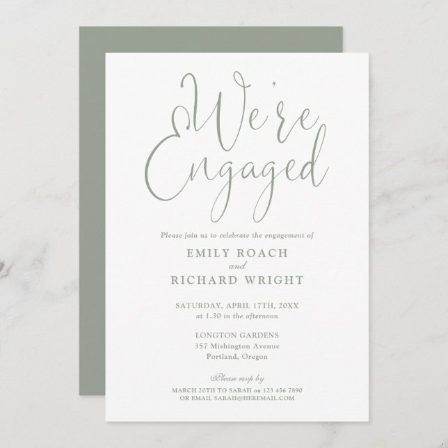 Sage Green We're Engaged Script Engagement Party Invitation (Front/Back)