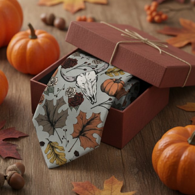 Sage Green Western Bull Skull Country Tie (Modern Sage Thanksgiving Foliage Mens Tie. Fall Harvest, Cow Skull, Leaves Pattern in Autumn Colors.)