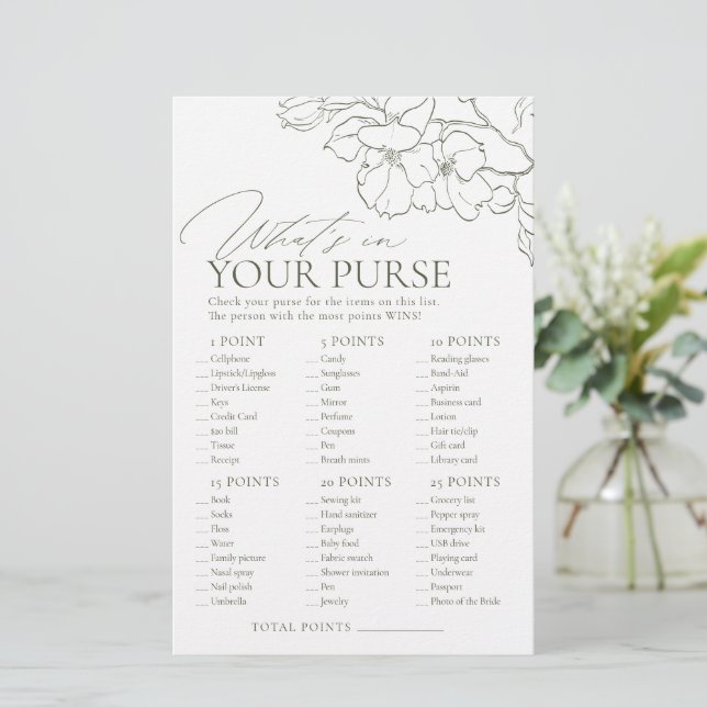 Sage Green what's in your purse bridal shower game (Standing Front)
