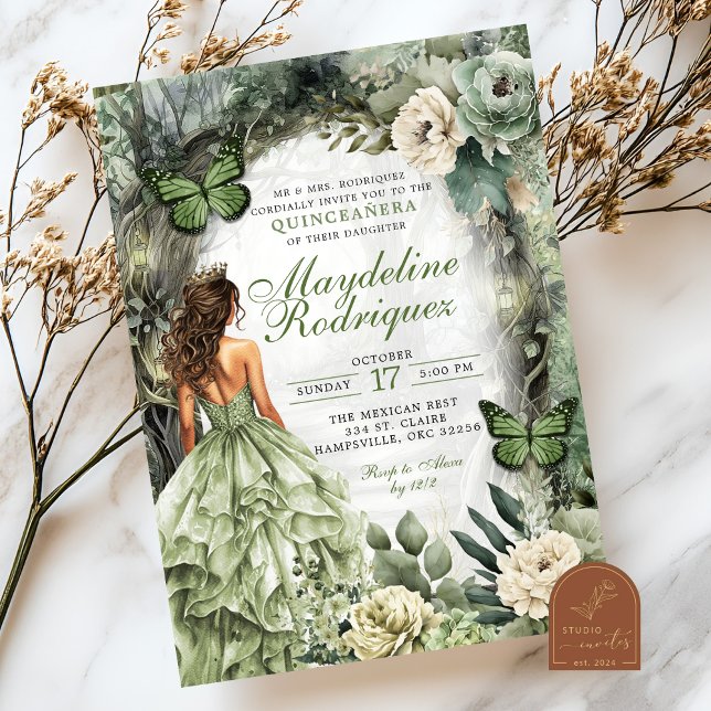 Sage Green Whimsical Forest Quinceanera Invitation (Creator Uploaded)