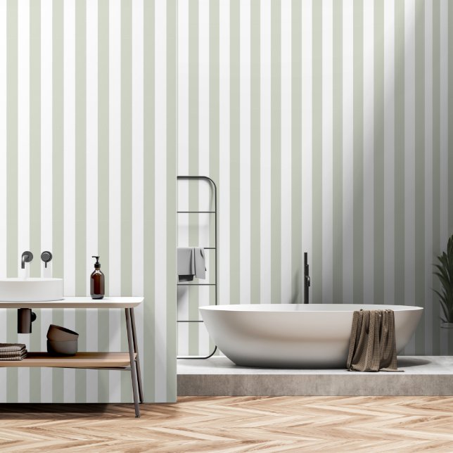 Sage Green White 3 Inch Wide Circus Stripe Wallpaper (Bathroom)