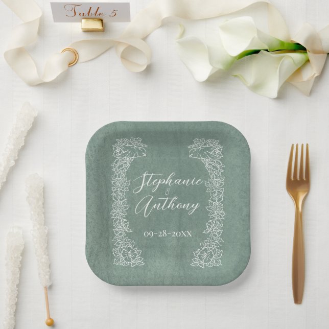 Sage Green White Bird Wildflower Border Pretty Paper Plate (Wedding)
