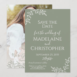 Sage Green White Botanical Boho Photo Wedding Save The Date