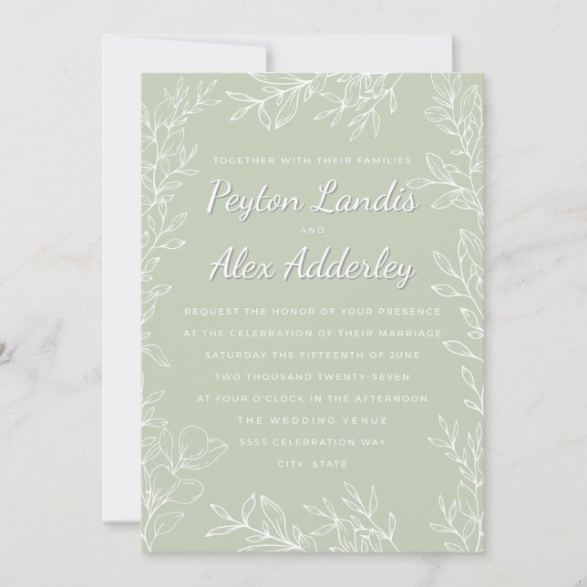 Sage Green White Botanical Line Art Leaves Wedding Invitation (Front)