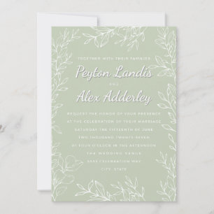 Sage Green White Botanical Line Art Leaves Wedding Invitation