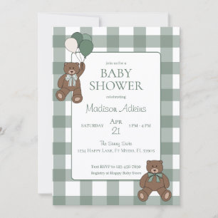 Sage Green White Bows and Teddy Bears Baby Shower Invitation
