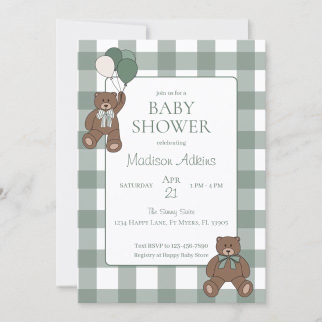 Sage Green White Bows and Teddy Bears Baby Shower Invitation (Front)