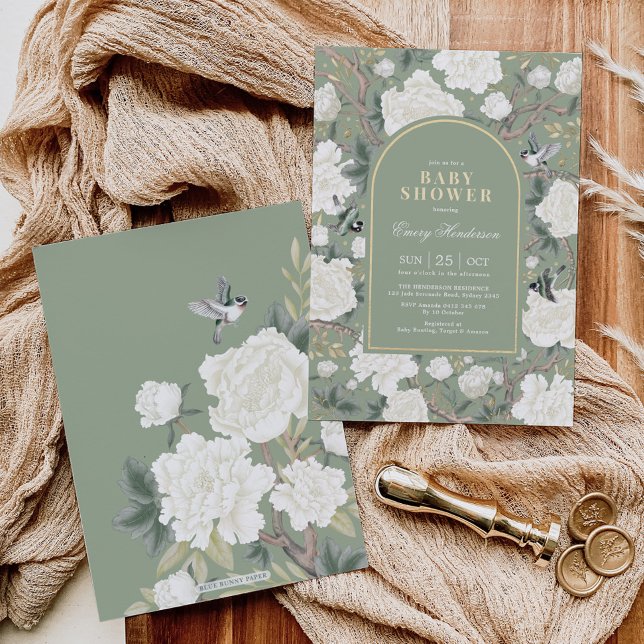 Sage Green White Chinoiserie Floral Baby Shower Invitation (Creator Uploaded)