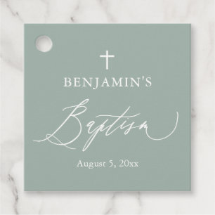 Sage Green White Cross Boy Baptism Favour Tag