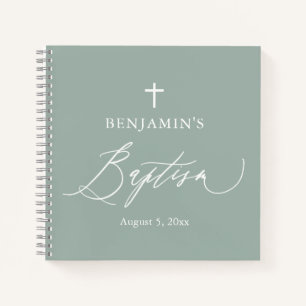 Sage Green White Cross Boy Baptism Guest Book