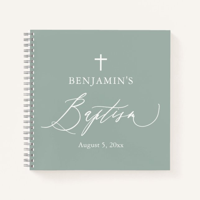 Sage Green White Cross Boy Baptism Guest Book (Front)