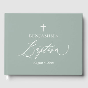 Sage Green White Cross Boy Baptism Guest Book