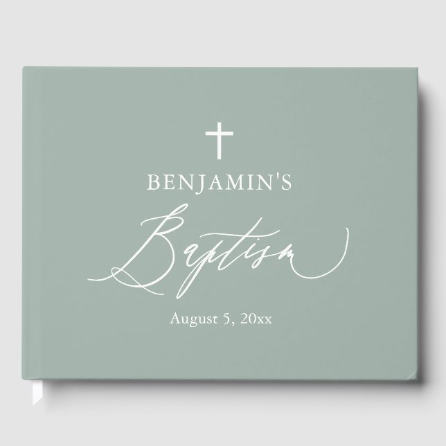 Sage Green White Cross Boy Baptism Livre d'invité (Recto)