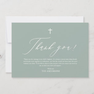 Sage Green White Cross Boy Baptism Thank You Card