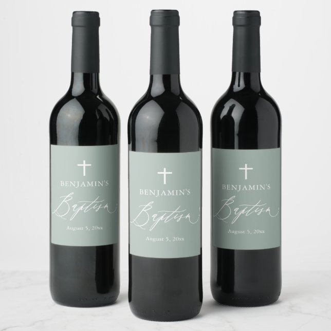 Sage Green White Cross Boy Baptism Wine Label (Bottles)
