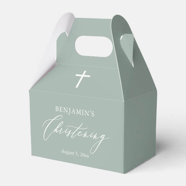 Sage Green White Cross Boy  Christening Favour Box (Front Side)