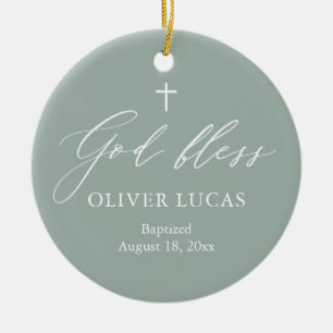 Sage Green White Cross Photo Boy Baptism Ornament
